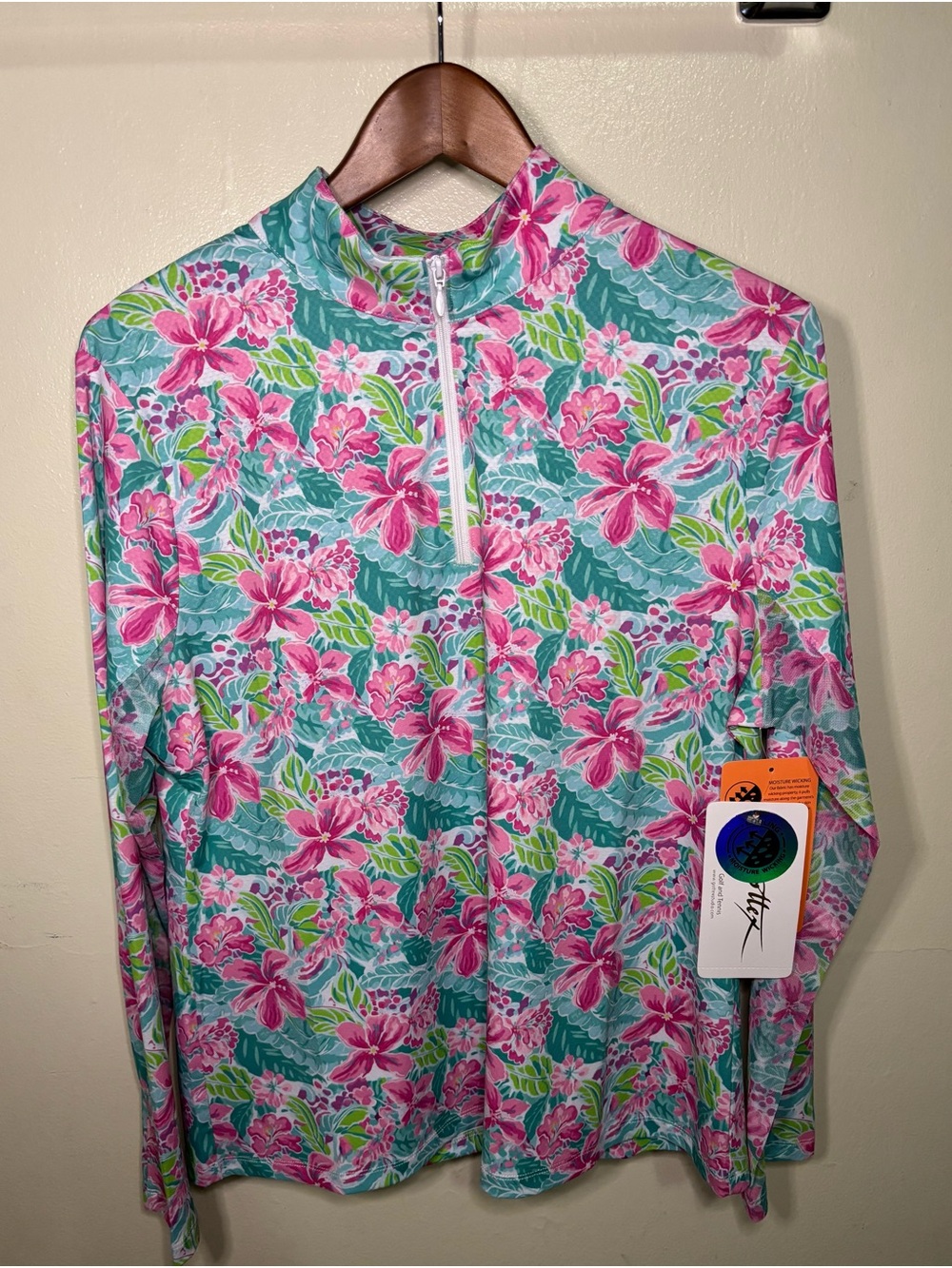 NWT X by Gottex Pullover Top L Pink Lily Floral 1/4 Zip Long Sleeve Golf Tennis